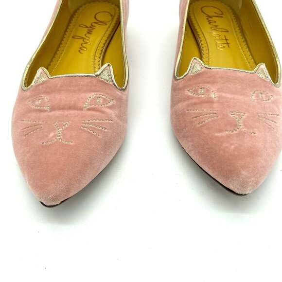 Charlotte Olympia Mid Century Kitty Cat Pink Velvet Pointed Flat EU 36 US 5.5-6 - Picture 5 of 12